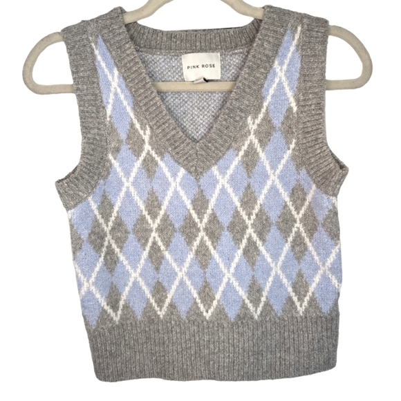 Pink Rose Sweaters - Pink Rose Shrunken Grey Blue V-Neck Soft Argyle Sweater Vest | Size XS
